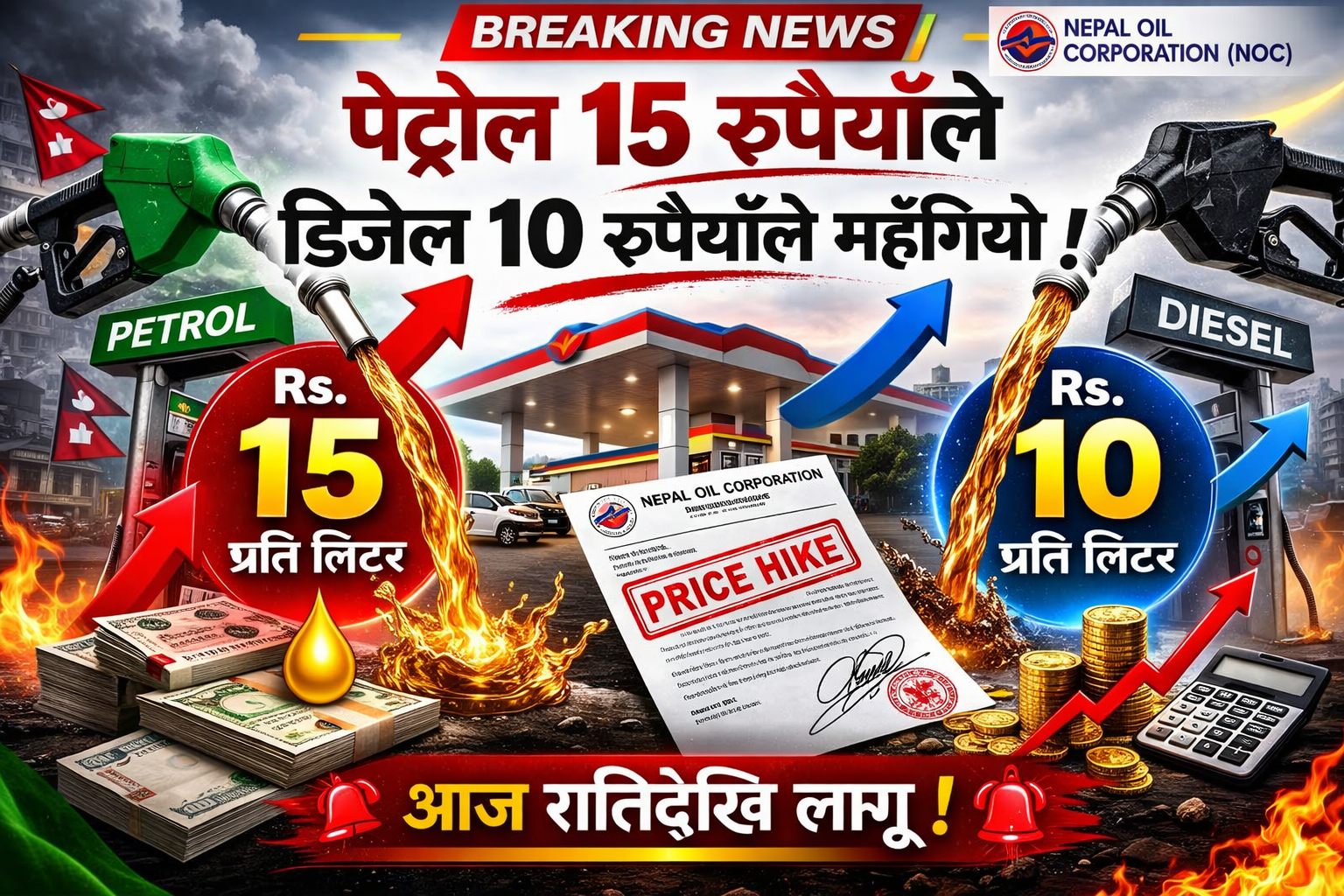 इन्धनको मूल्य ह्वात्तै बढ्यो: पेट्रोल १५ र डिजेल १० रुपैयाँ महँगियो