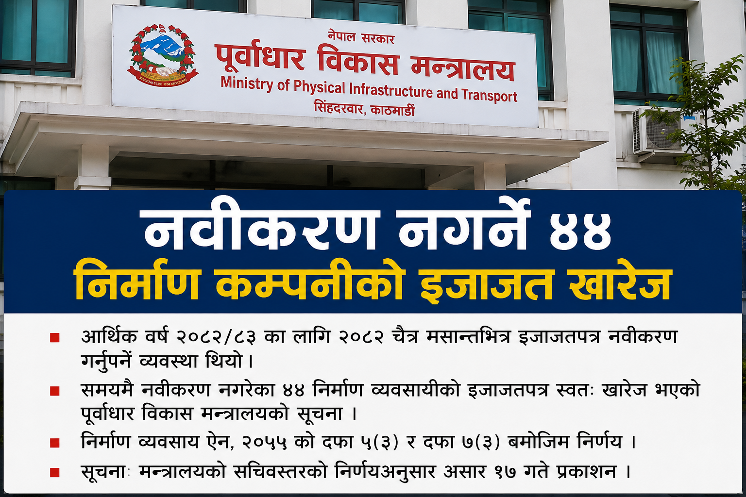 इजाजतपत्र नवीकरण नगर्ने ४४ निर्माण कम्पनीको लाइसेन्स स्वतः खारेज