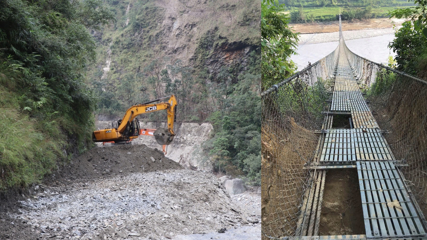 बेनी-जोमसोम-कोरला सडक मर्मत तीव्र, तनहुँमा झोलुङ्गे पुलमा क्षति हुँदा विद्यार्थी प्रभावित